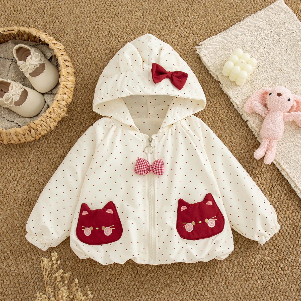 Baby Girl Fall Winter Polka Dot Hooded Coat Cute Bow Cat Shaped Pocket Zipper Windproof Baby Outerwear for Daily Wear