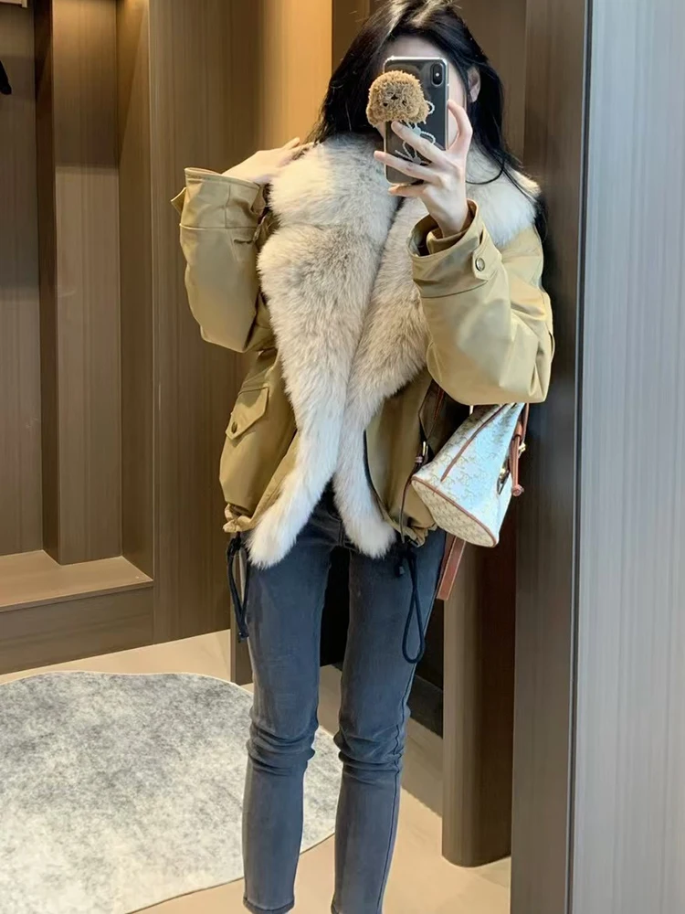 新しい冬暖かいグースダウンパーカーコート天然リアルキツネの毛皮の襟ジャケットフグジャケット女性厚い女性生き抜く