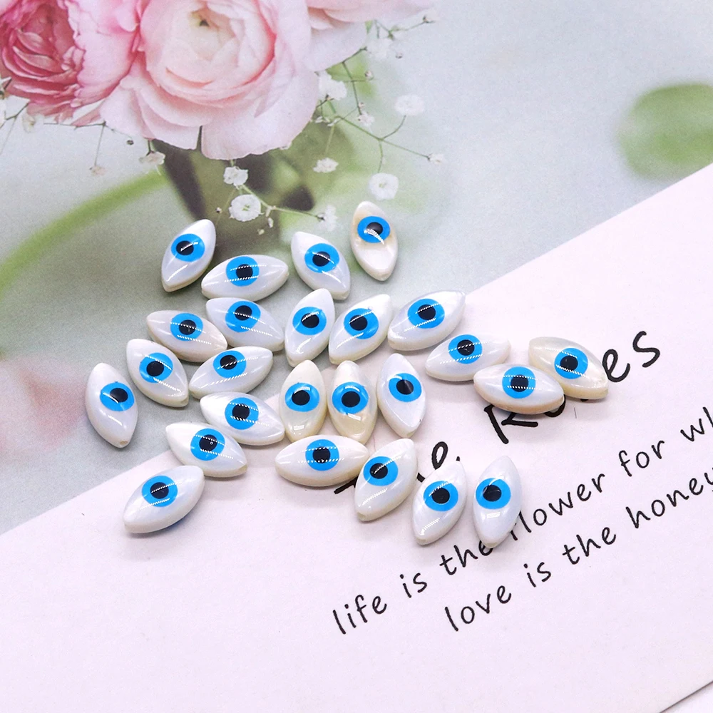 5x10mm Natural Freshwater Shell Horse Eye Shape Beads Double-sided Blue Eye Pattern White Shell Straight Hole Loose Bead 10 Pcs