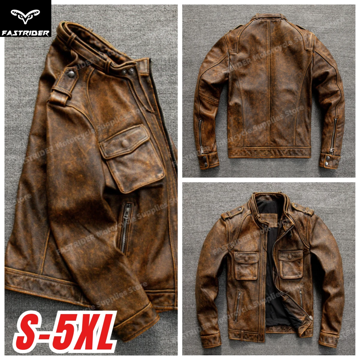 Leather Jacket Men's Large Size Washed Old Motorcycle Clothing Leather Jacket Stand-Up Collar Short Jacket