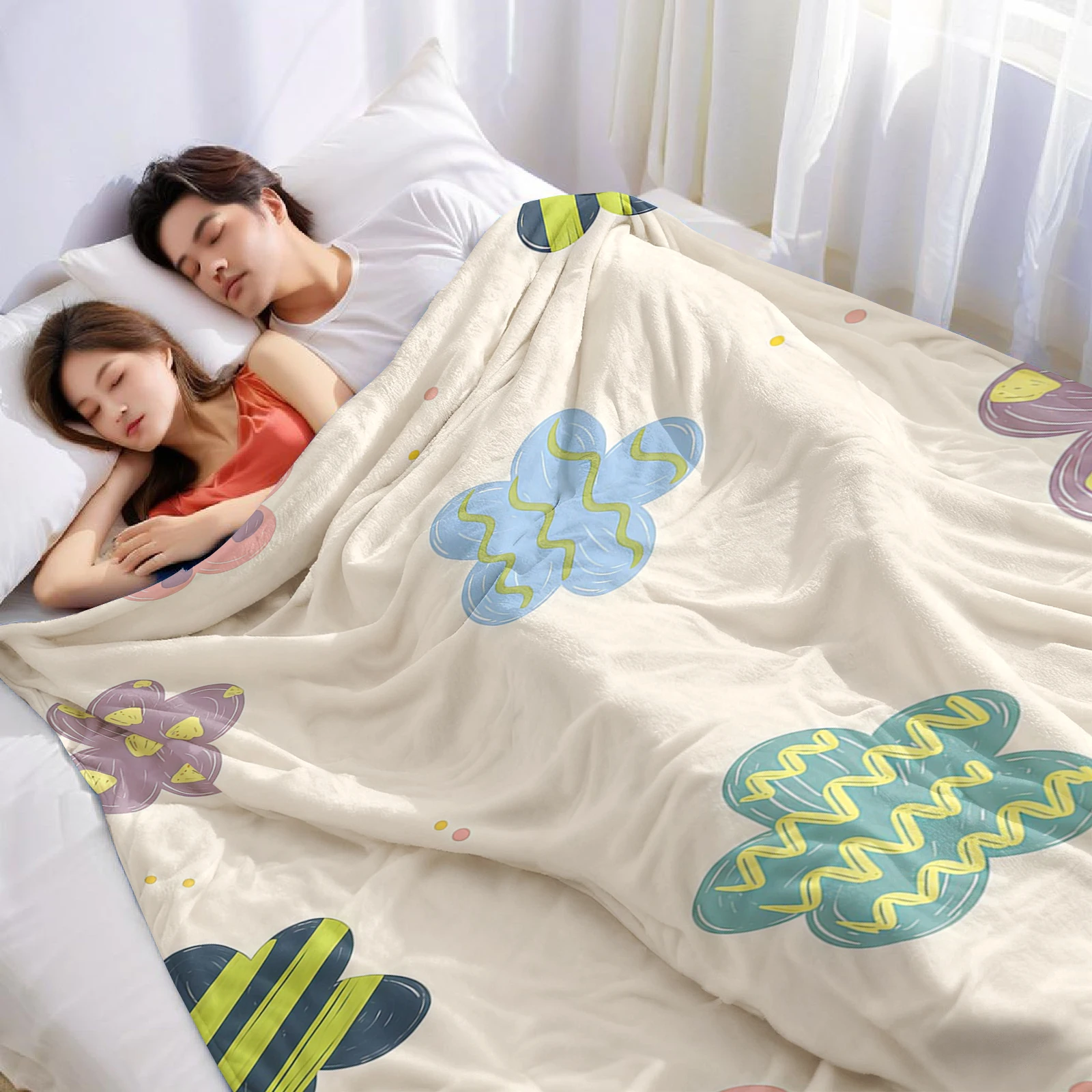 Pastel Doodle Flower Christmas Fleece Throw Blanket Soft Warm Cozy Xmas Home Decor for Bed Sofa Couch Holiday Present