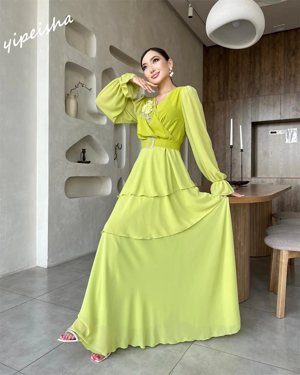 Yipeisha gaun Prom elegan V-neck panjang bentuk A gaun pesta panjang lantai gaun kustom sifon berlian buatan bunga