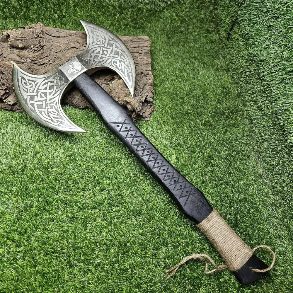 

Custom Gift Forged Carbon Steel Viking Axe with Rose Wood Shaft, Double Edge Axe