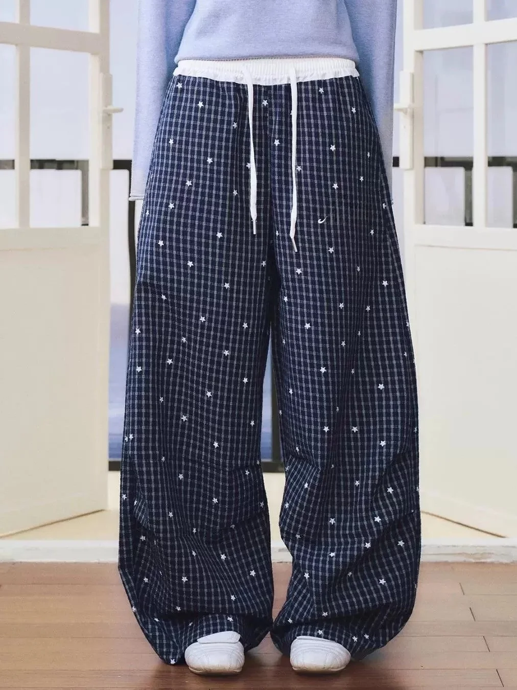 Loose Casual Dance Wide Leg Pants Women's Trendy Drawstring Vintage Plaid Straight Cut Pants Star Grid Double Layer Waist Head