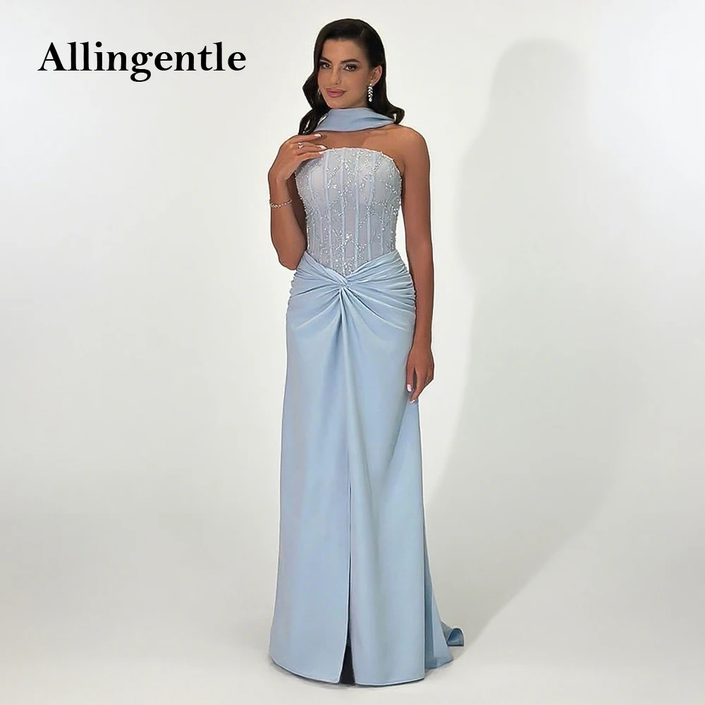 

Elegant Blue Evening Dresses with Beaded Croset Halter Neck Saudi Arabia Luxury Prom Dress Women Formal Occasion Dress Customied