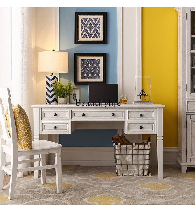 American desk solid wood Nordic white old simple study combination drawer ash wood desk