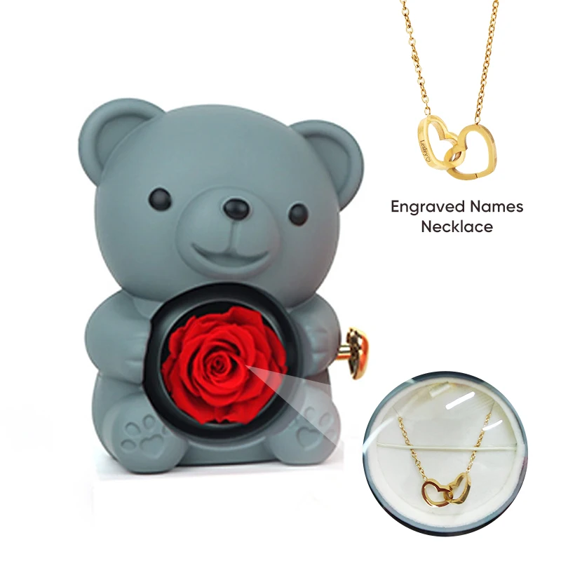 Caja de regalo de joyería de oso de peluche rosa gris, collar con nombre grabado, flor de Rosa Real eterna, regalos para su mujer, esposa, niña, nuevo 2024