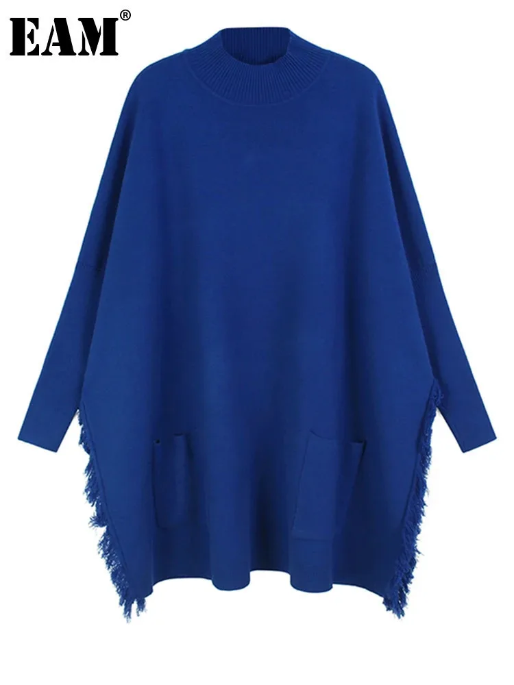 [EAM] Blue Tassels Big Size Long Knitting Sweater Turtleneck Long Sleeve Women Pullovers New Fashion Spring Autumn 2024 1DH8203