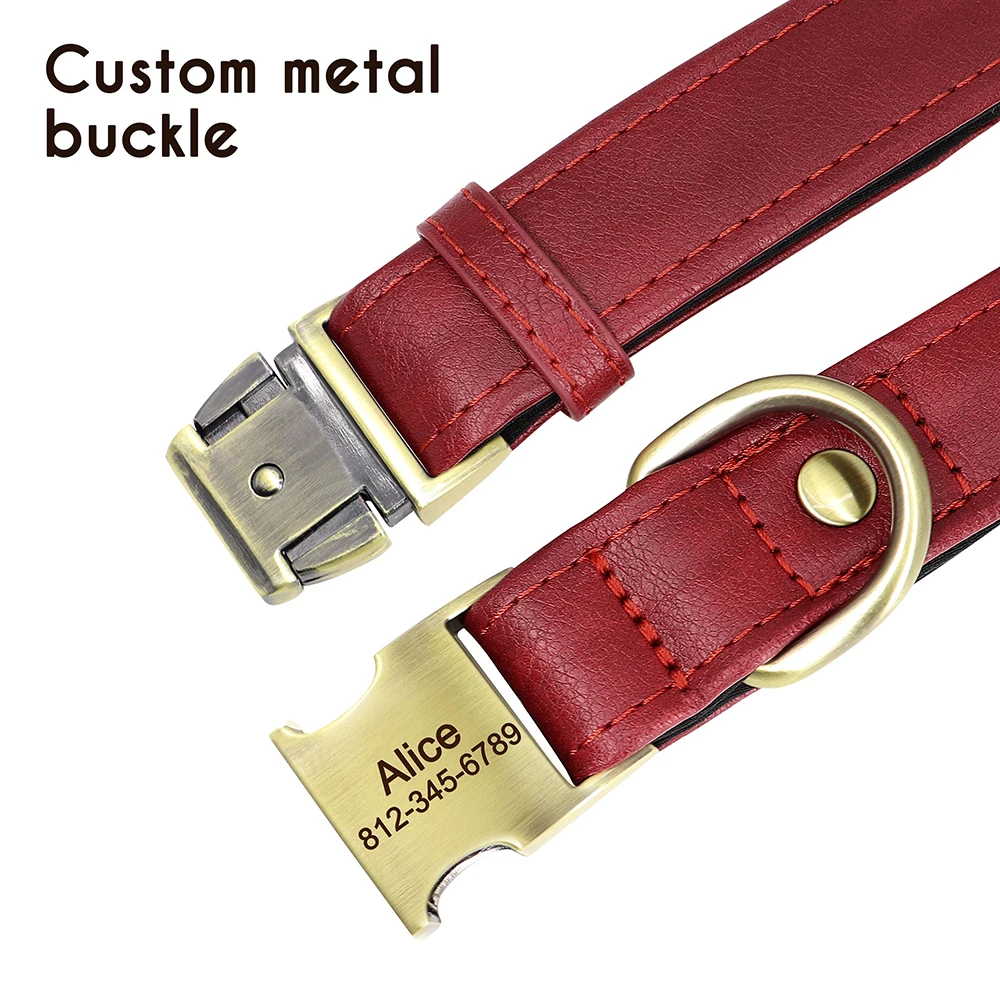 Customized Soft Leather Dog ID Collar Personalized Dogs Collars with Metal Buckle PU Leather Padded for Small Medium Dogs Pug