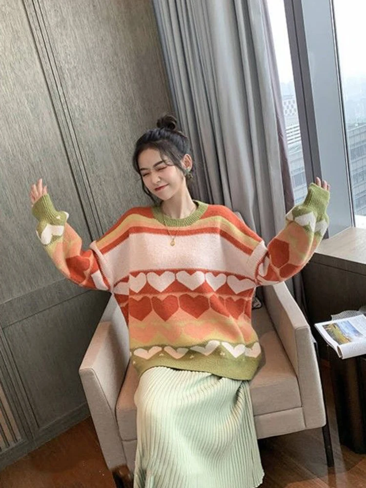 Jmprs Cute Love Print Knitted Sweaters Women Fashion Patchwork Korean Sweet Tops Oversize Loose Long Sleeve Lady Casual Jumpers