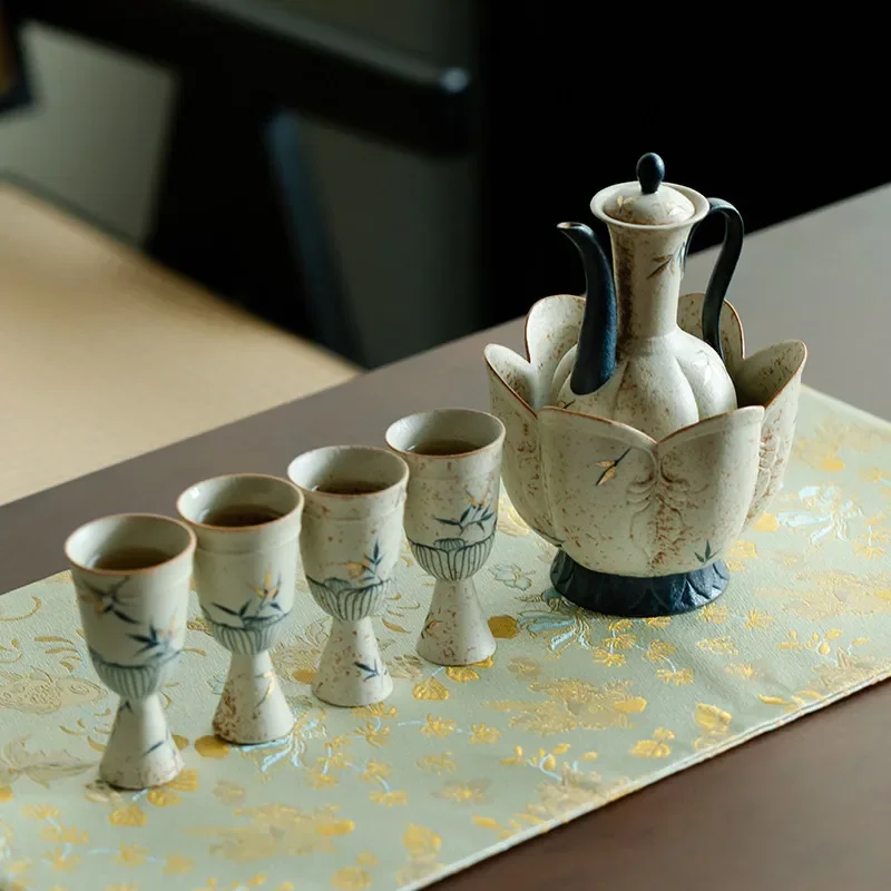 Ancient ceramic wine warmer teapot teacup set Hand-painted bamboo shadow home high-end wine set