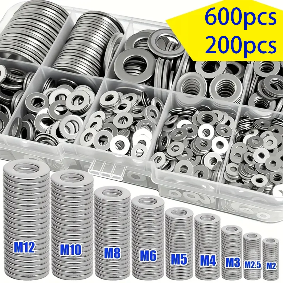 600pcs Stainless Steel Flat Washers, Bolts, Mudguard Washers, 9Sizes of Metal Washer Kits for Home, Factory, and Automotive Use