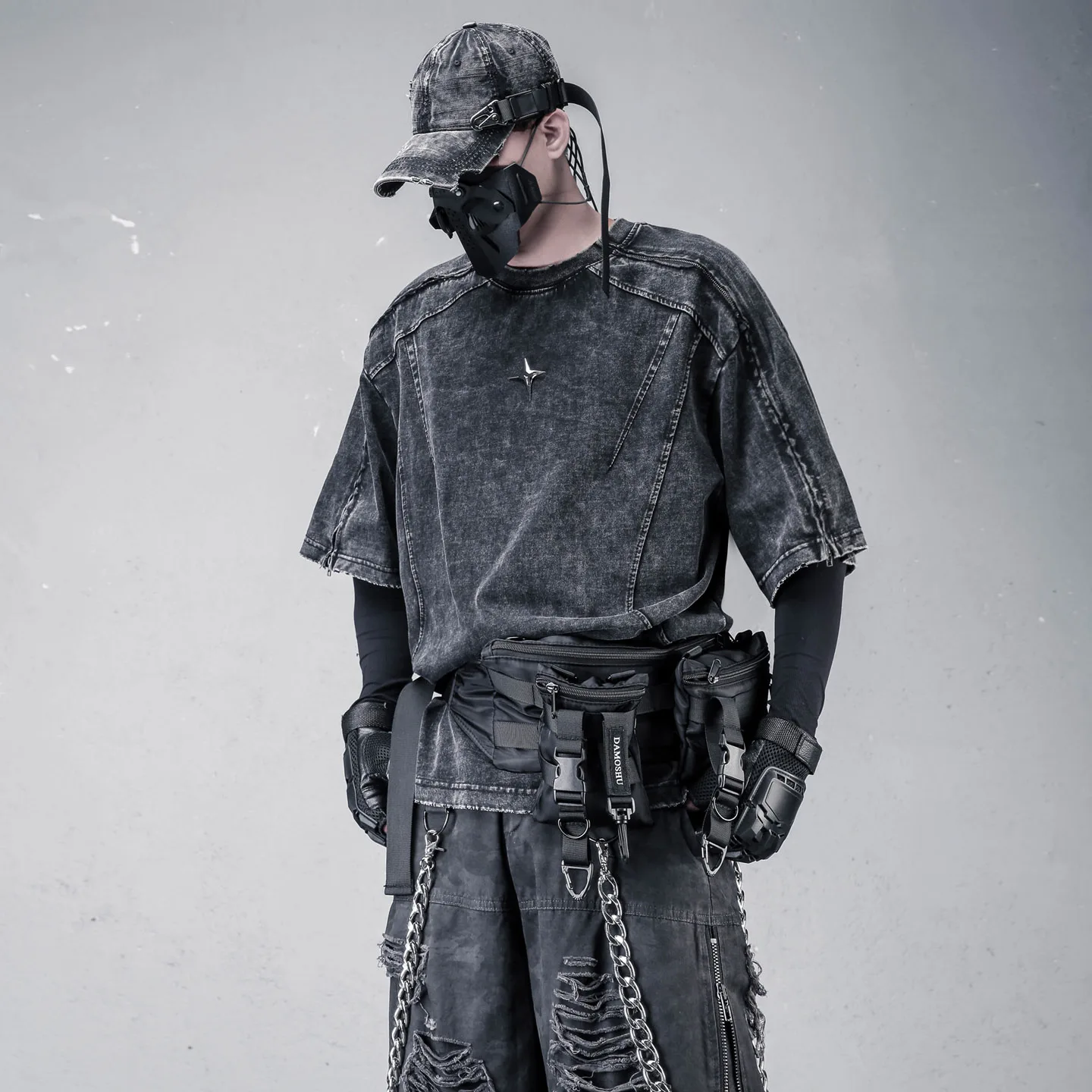 Wasteland Style  Heavy Structure Split Washed Distressed Short Sleeve T-shirt Men's Metal Design Texture Half Top