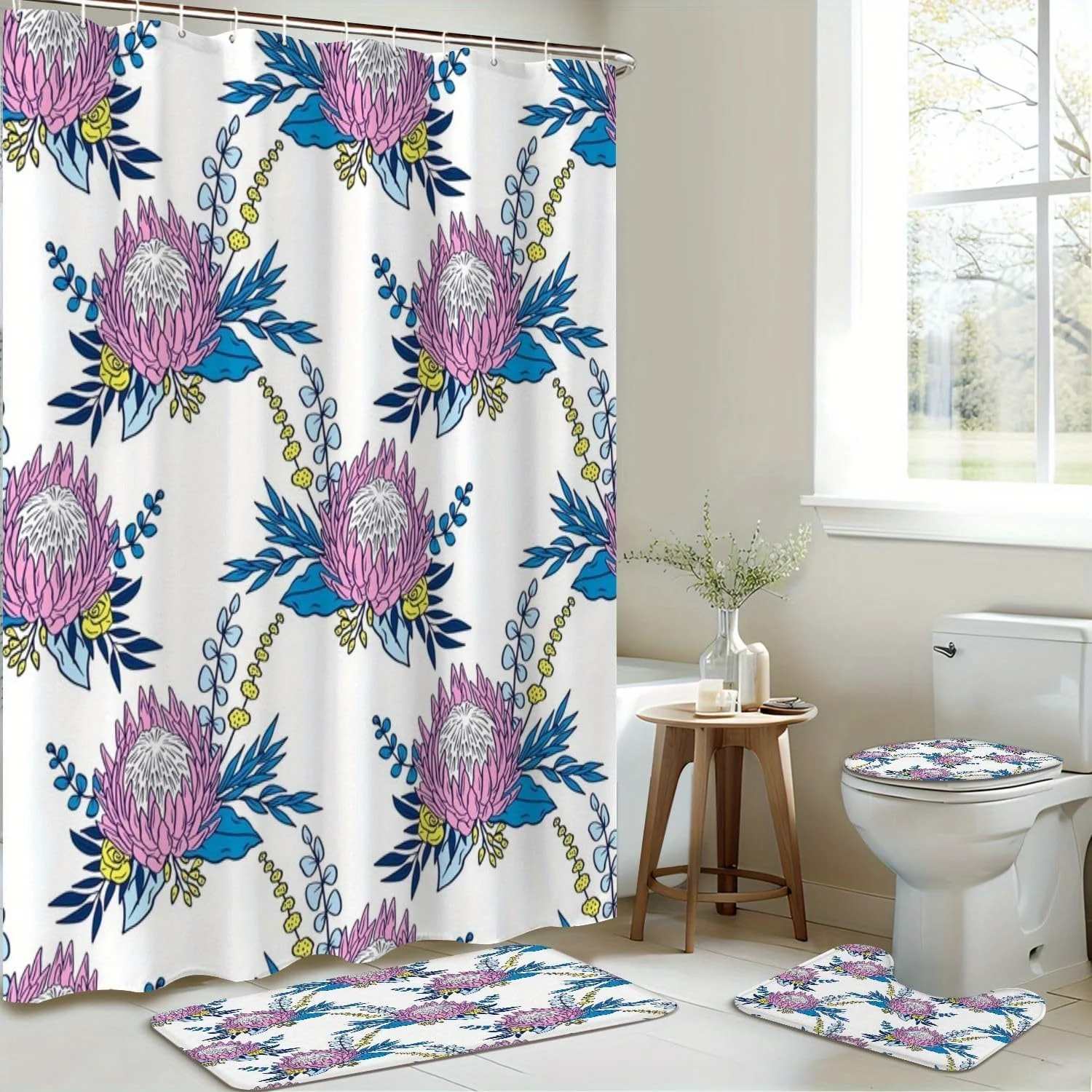 

4шт King Protea белый тропический цветок, машинная стирка, полиэфирная ткань, занавеска для душа, коврик для унитаза, нескользящий коврик U-образный коврик