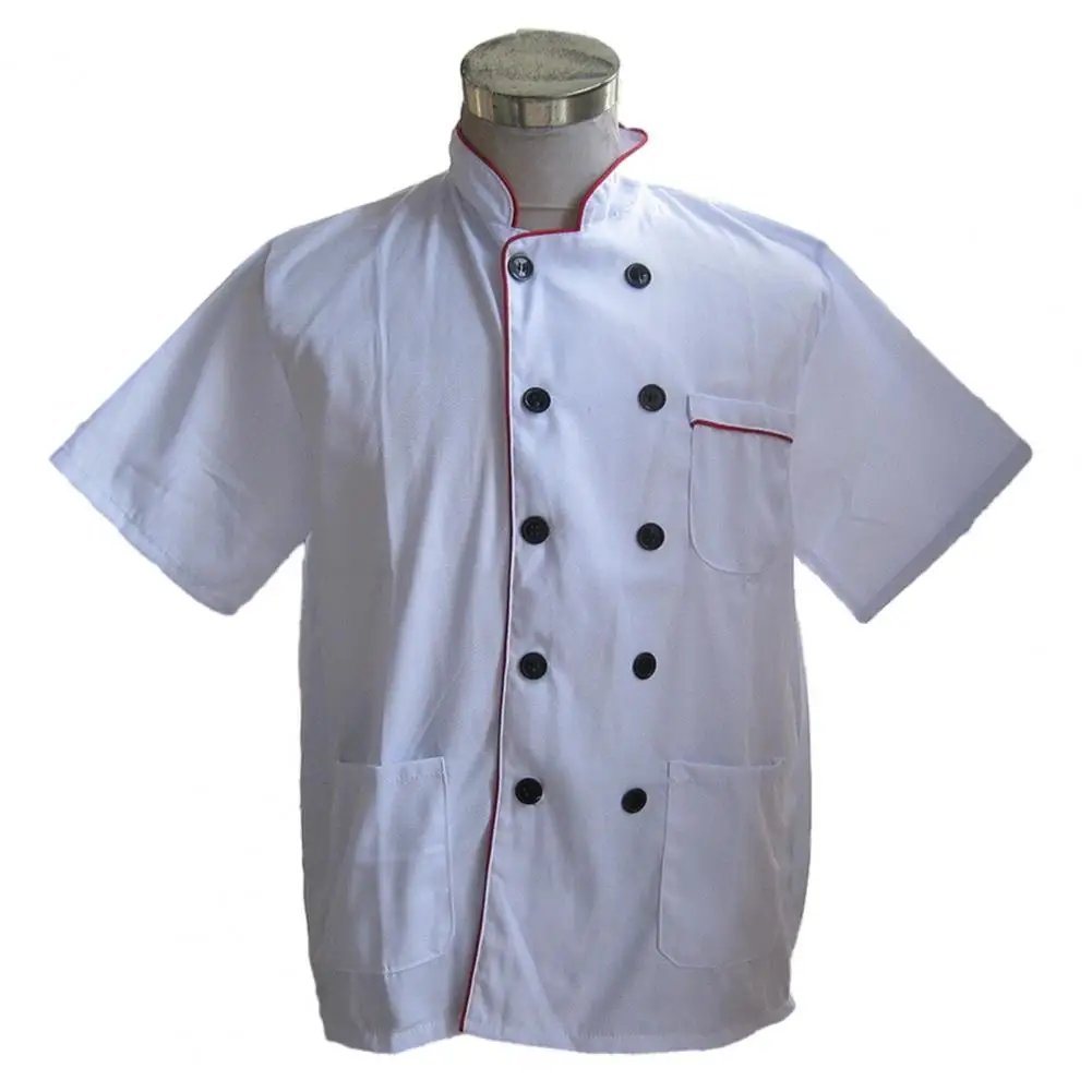 Uniforme de Chef profissional com gola alta para homens, unissex, mangas curtas, trespassado duplo, design para restaurante