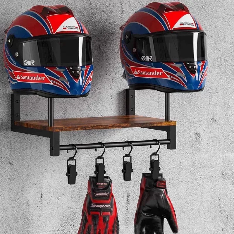 【セール中】木製バイクヘルメット壁掛けフック付き多目的棚ジャケットホルダーキッチンキャビネット棚ヘルメットディスプレイスタンド