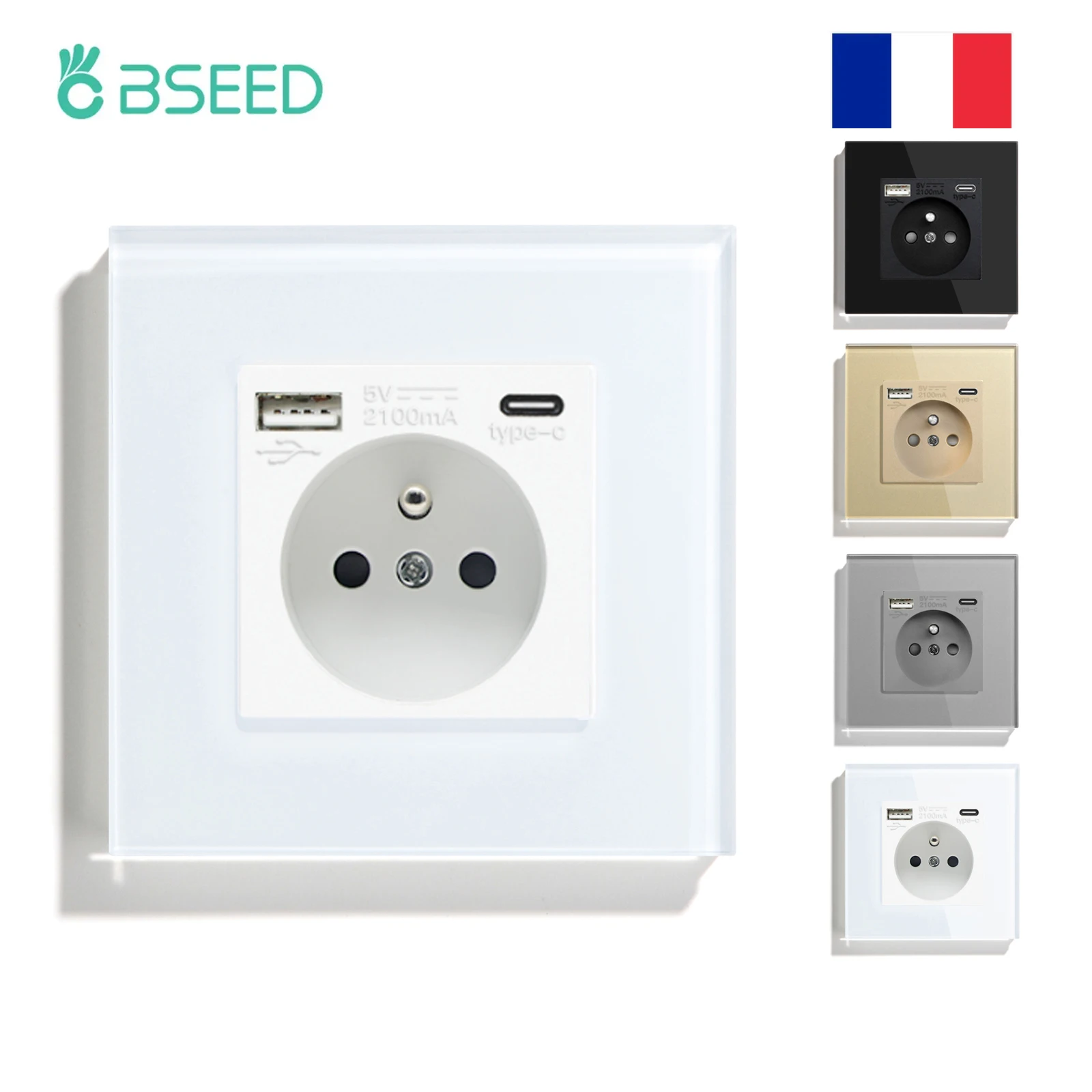 

BSEED Type-C Interface Outlet Wall French Socket With USB Charge Port Power Wall Socket With USB Home Glass Panel 2.1A France