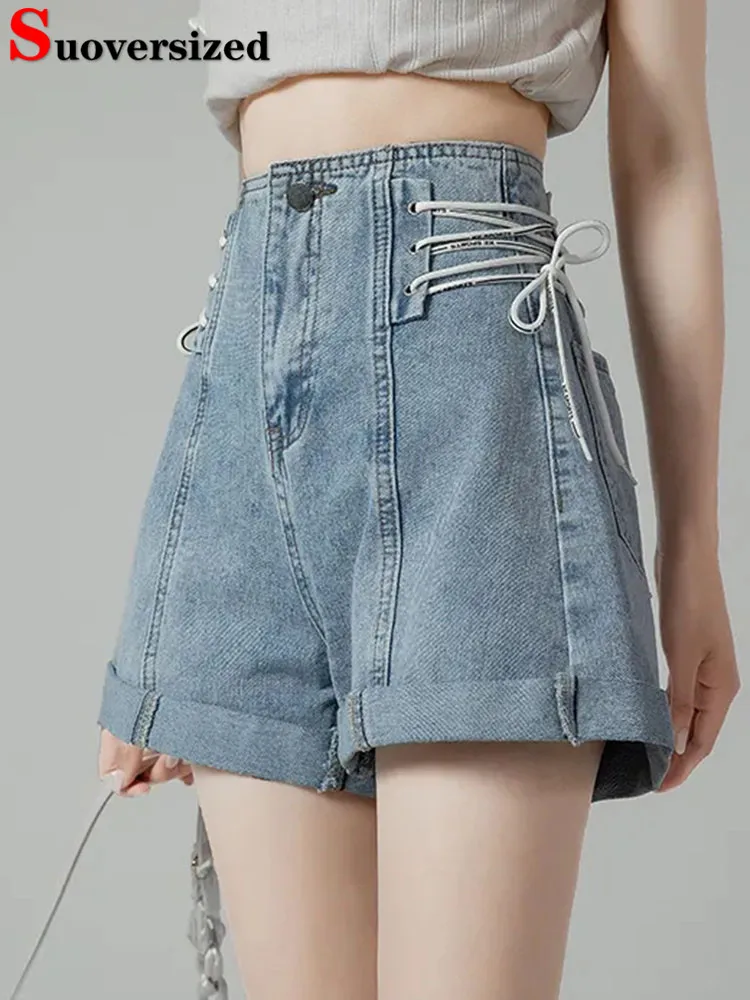 

Korean Design Baggy Short Jeans Women Vintage High Waist Cuffs Pantalones Cortos Summer Thin Casual Streetwear Denim Shorts 2024