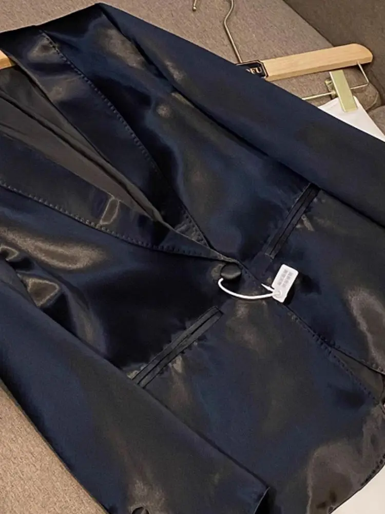 2025 Autumn Casual Black Blazers Coat Women Satin All-match Tops Japan Korean Style Fashion New Single Button Jackets
