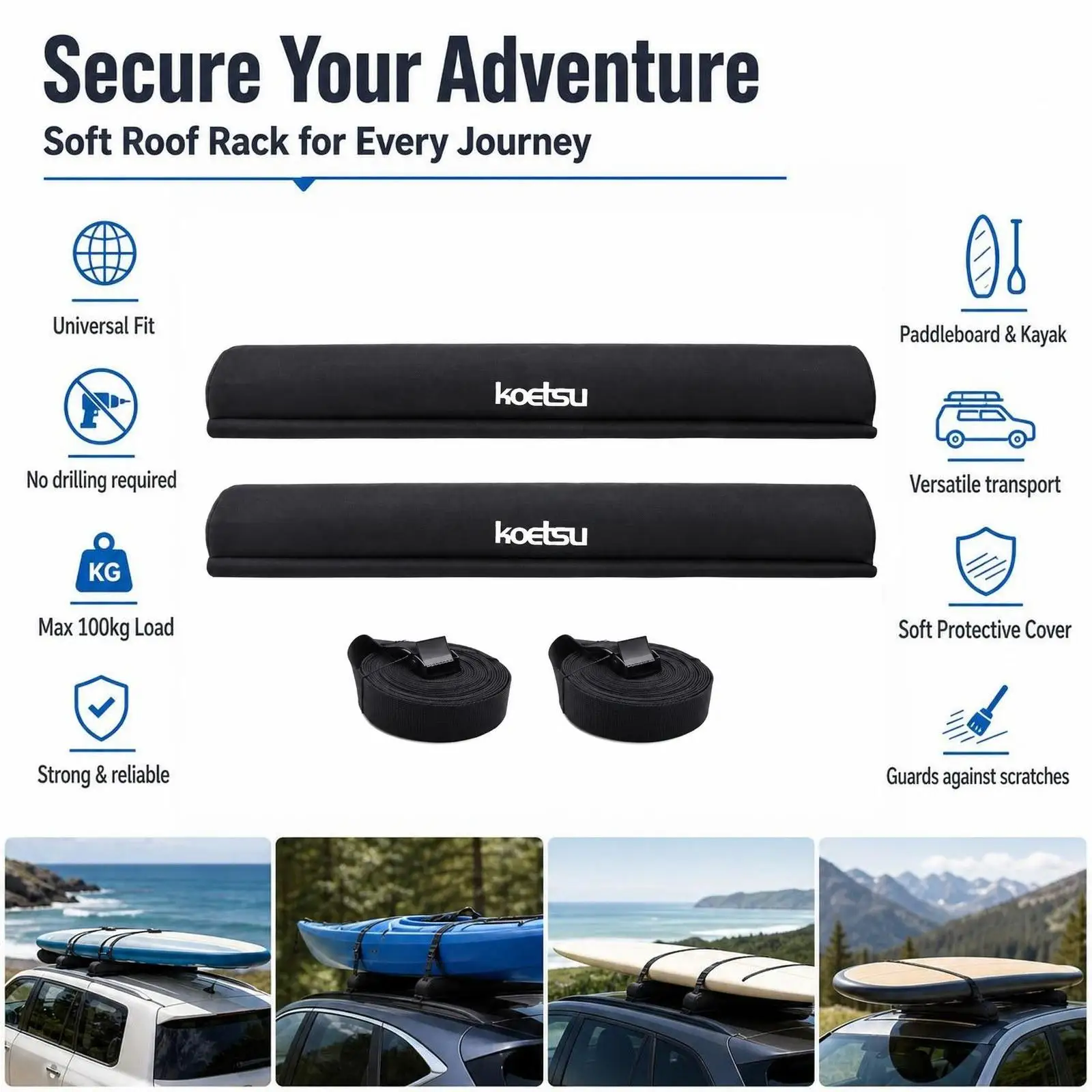Automotive Roof Rack Pads Set Soft Sponge Protective Lightweight Universal Top Luggage Carrier for Snowboard