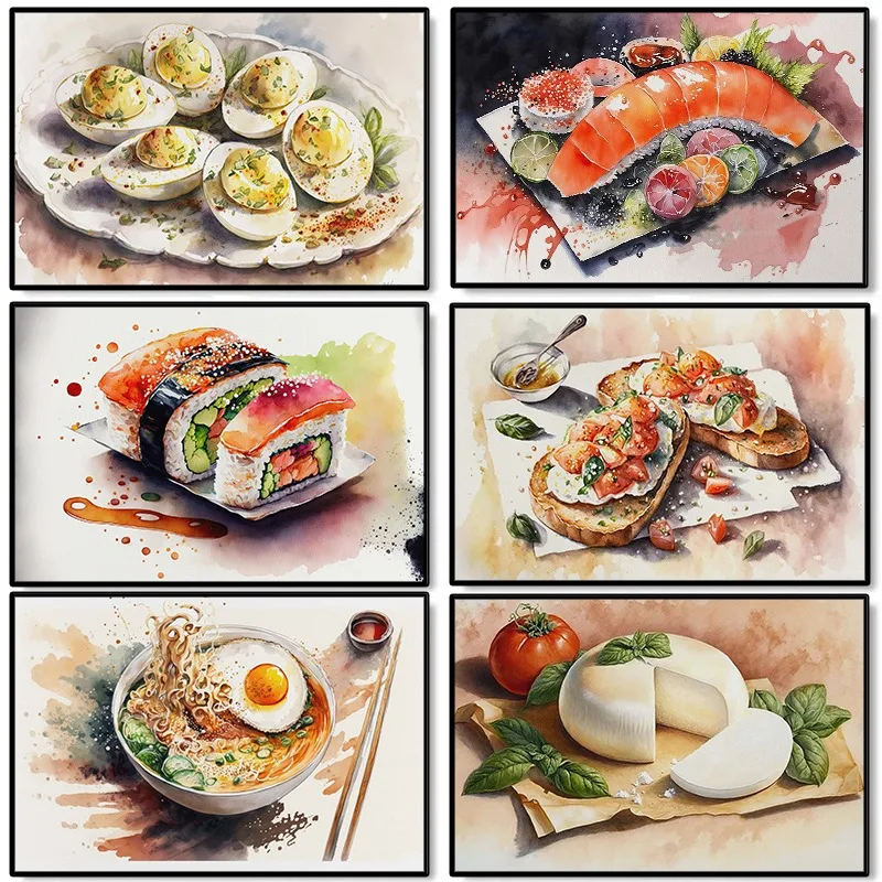 Póster de Comida Deliciosa en Acuarela, Ramen, Sushi, Pizza, Pan, Pintura de Diamantes, Arte de Pared para Restaurante, Cocina, Comedor, Decoración del Hogar