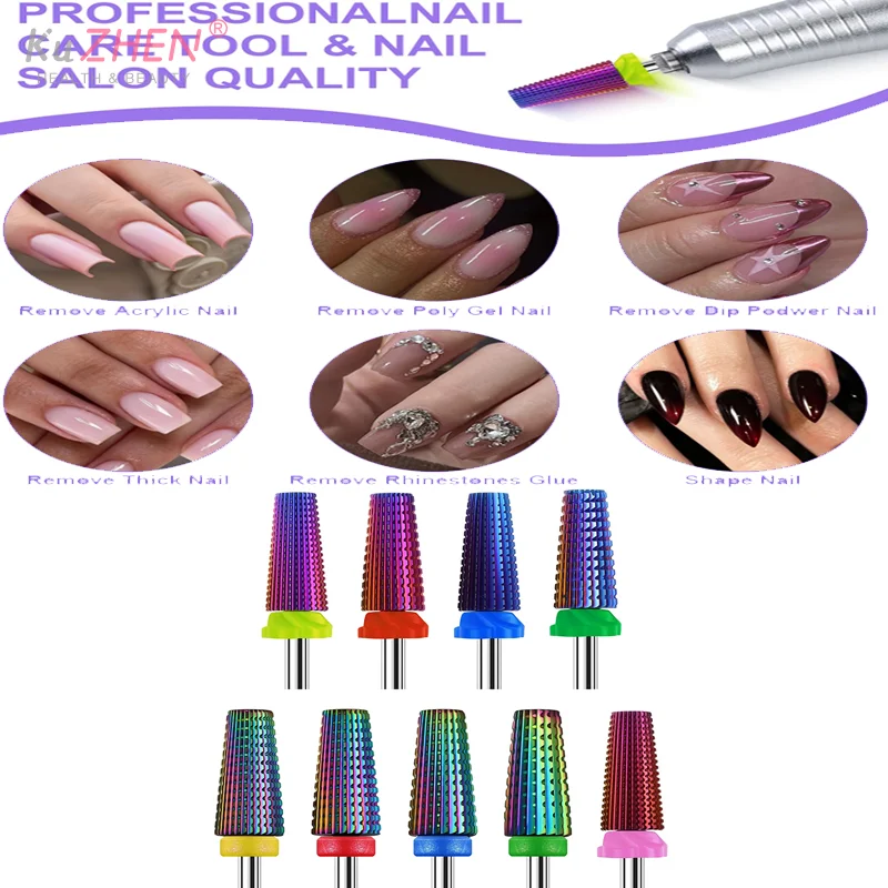 Forets professionnels violets en carbure de tungstène 1 * 5 en 1, fraises pour enlever le Gel et l'acrylique, outils de manucure, accessoires