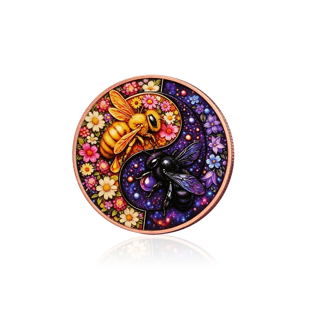 Yin-Yang Bee Coin Copper Coin Wildflower Honey Design  with Protective Case Unique Art Coins Birthday Gift