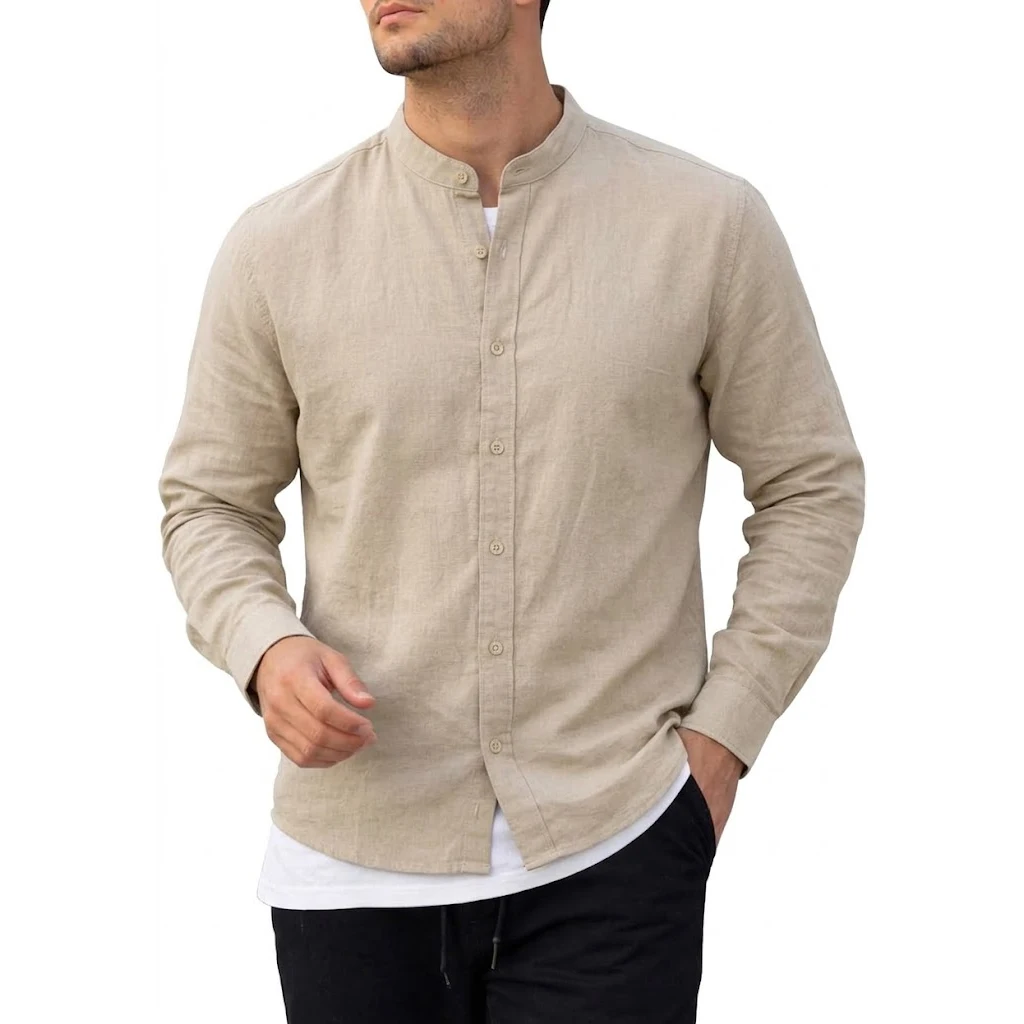 New Mens Casual Button Down T-Shirt Long Sleeve Breathable Linen Shirts Lightweight Stand Collar Streetwear Loose V-neck Tops