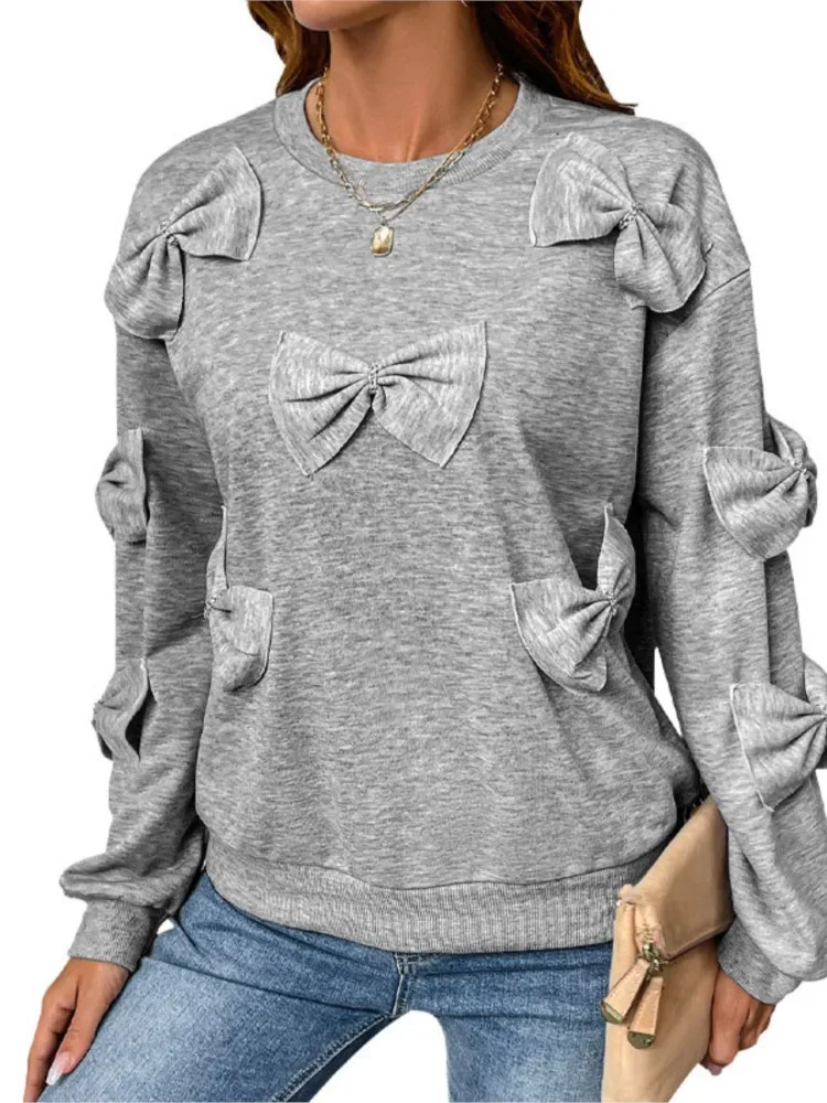 2025 Woman's Sweatshirt Styl Casual Autumn Bow Splicing Round Neck Sweatshirt Temperament Sudaderas De Mujer Commuting Pullover