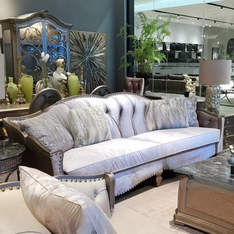 Rural French living room retro solid wood carving first layer cowhide sofa