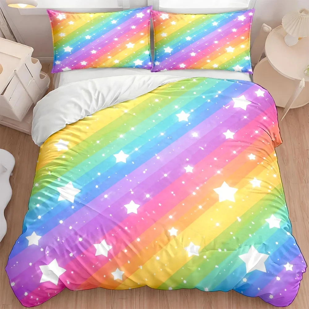 3Pc Rainbow Star Print Duvet Cover Set, Three-Piece Bedding Set (1*Duvet Cover + 2*Pillowcases), Suitable for All Seasons, Machine Washable, Invisible Zipper Design, Large Double Bed Cover Set, Suitable for Home, Dorm, Master Bedroom, Guest Room, Fresh and Dreamy Style Bedding, Hot-Selling Skin-Friendly Brushed Bedding, Ins-Style Rainbow Striped Star Duvet Cover, Soft and Comfortable Bedroom Bedding Set, Colorful and Playful Bedding, Easy to Clean and Durable Bedding, Ins-Style Rainbow Striped Star Duvet Cover, Soft and Comfortable Bedroom Bedding Set, Colorful and Playful Bedding, Easy to Clean and Durable Bedding
