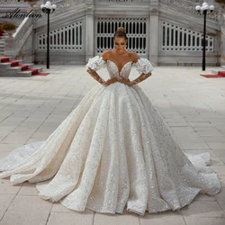 Alonlivn Exquisite Bling Pearls Lace Sweetheart Ball Gown Wedding Dresses Off Shoulder Sleeves Graceful Embroidery Bridal Skirts