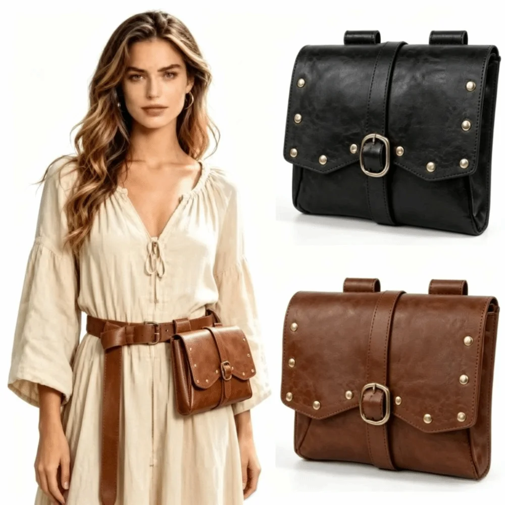 Vintage Leather Pouch Bag Medieval Style PU Leather Buckle Bag Steampunk Design Buckle Closure Viking Belt Bag