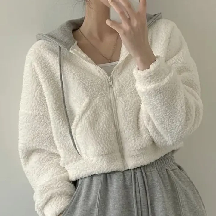 Chic Autumn Winter Lamb Fur Coat Women's Padded Jaet Hooded ket ort Outerwear Cotton Straight Fit Warm Casual Coat