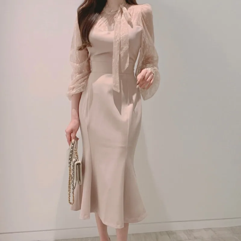 Temperament Lace Mesh Patchwork Puff Sleeve Midi Robe O-neck Ribbon Design Slim Fishtail Dress 2024 Spring Elegant Vestidos