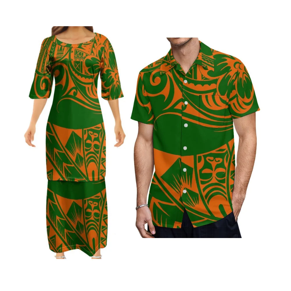 Summer Polynesian Custom Pattern Printed Couple Outfit New Style Women'S Puletasi Fashionable Suit Skirt Men'S Shirt