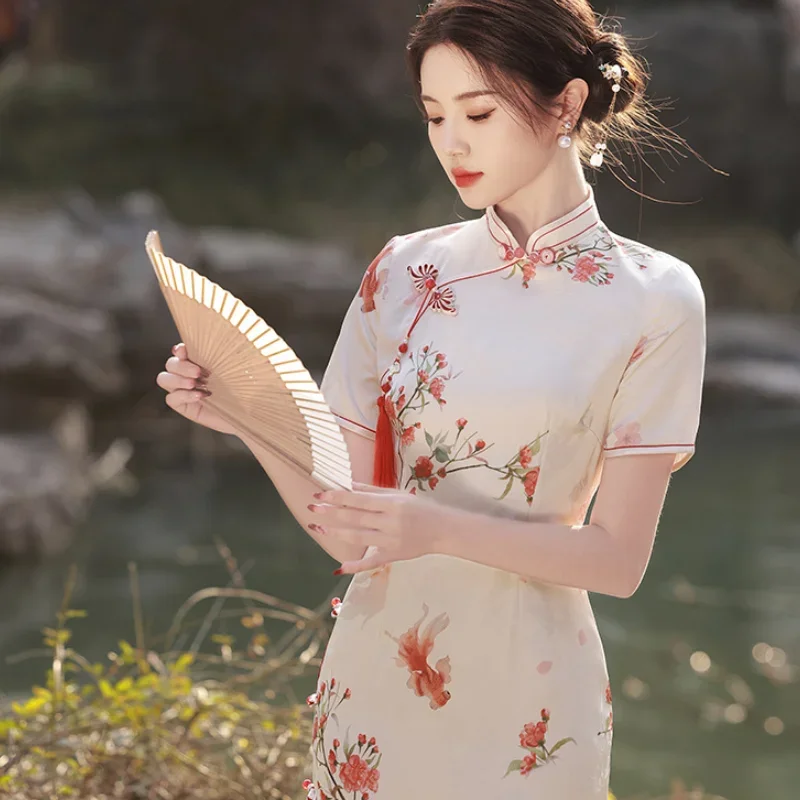 

Chinese Style Dress Qipao Print Flower Traditional Cheongsam Lady Jacquard Satin Long Qipao Classic Oriental Costume Vestidos