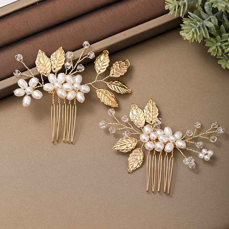 Pearl Leaf Hair Comb 2 Pcs/Set Women Accessories Hair Ornament Bride Hair Accessories For Women Wedding Head Jewelry Decoration image 6