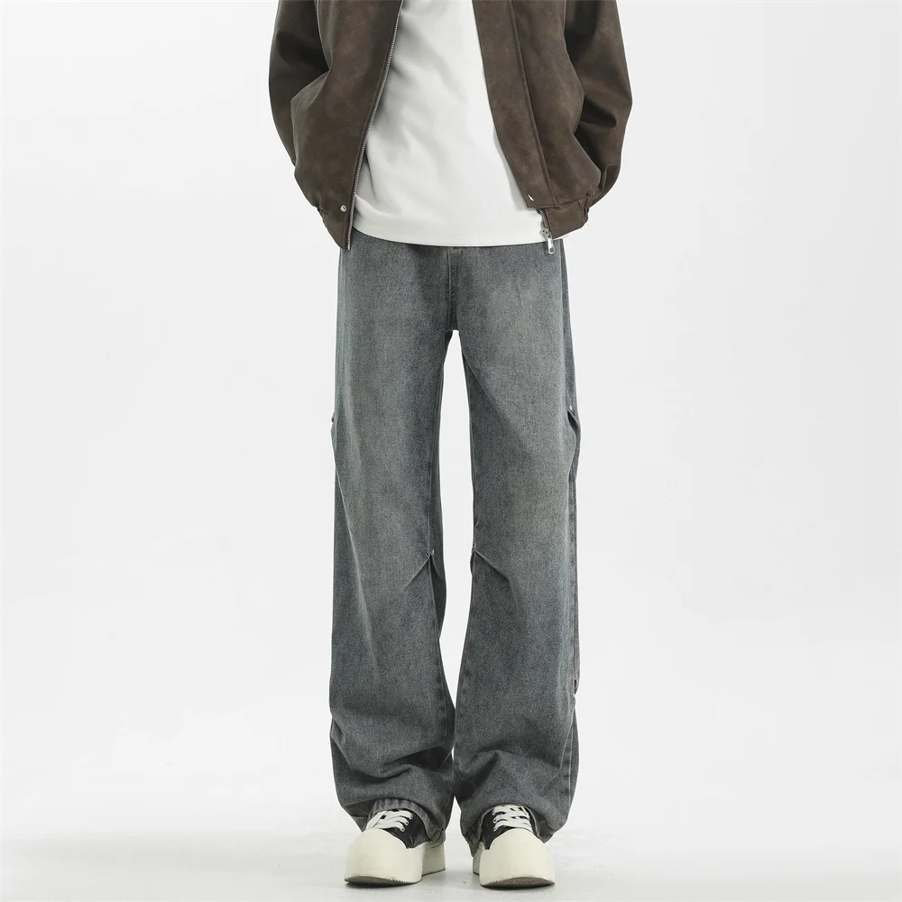 Celana Jeans Baggy Panjang Model High Street untuk Pria, Celana Denim Kasual Kaki Lebar, Celana Jeans Korea Streetwear Longgar Model Straight-leg