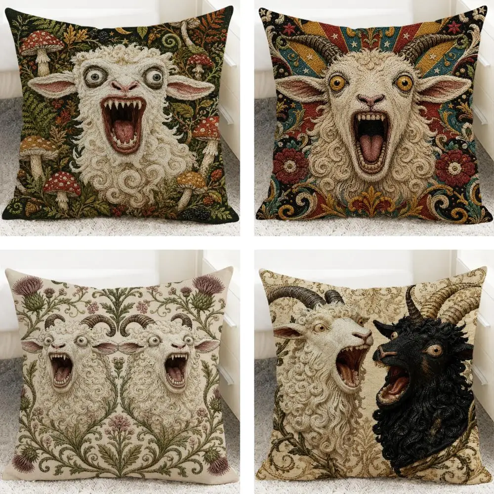 Screaming Goat Sheep Embroidered Style Cushion Cover Cushion Covers Natural Linen Breathable Sofa Bedroom Decor Pillowcase
