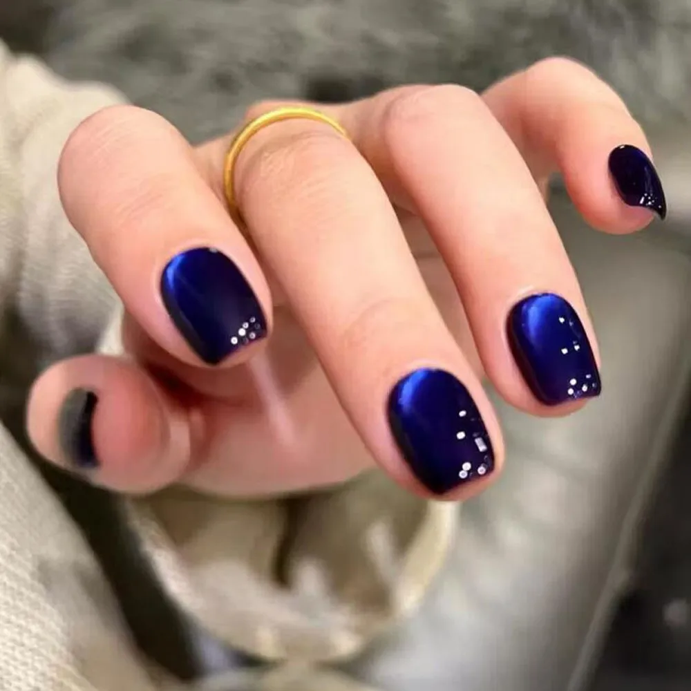 30Pcs 3D Royal Blue Cat Eye Press On Nails Glossy Short Square Fake Nails Color-Shifting Cat Eye False Nails for Manicure Decor
