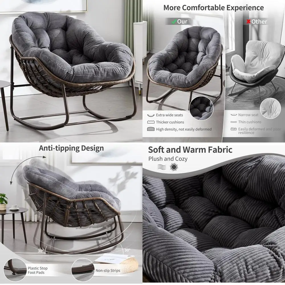 كرسي هزاز باباسان كبير الحجم للاستخدام الداخلي والخارجي مع وسادة مبطنة مخملية - هزاز مريح لمقعد البيض في الفناء #1