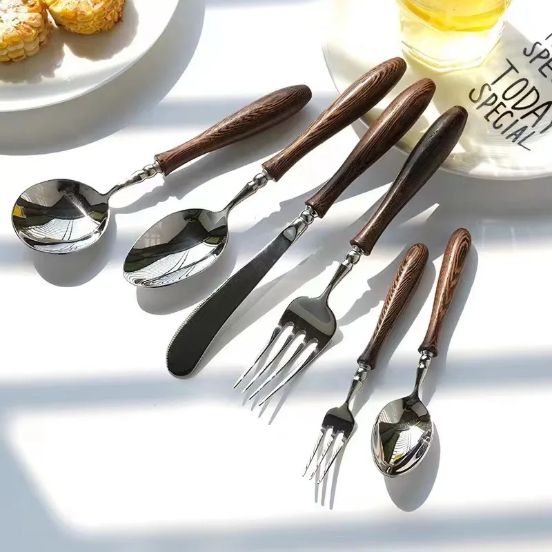 Japanese Wood Stainless Steel Cutlery Set Walnut Tableware Fork and Spoon Dessert Fork Kitchen Creative Small Waist Series