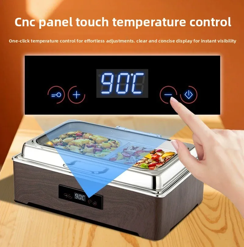 Electric Chafing Dish Buffet Food Warmer Wood Grain Design Touch Control Hydraulic Lid Stainless Steel Catering Equipment