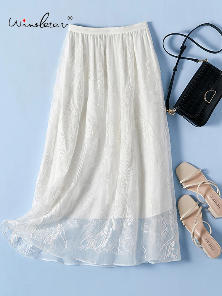 

Winsleter-Women 100% Silk Elegant Skirts, Elastic Waist Embroidery, French Temperament Fairy A-line Skirt, 2025 Autumn B59137CC
