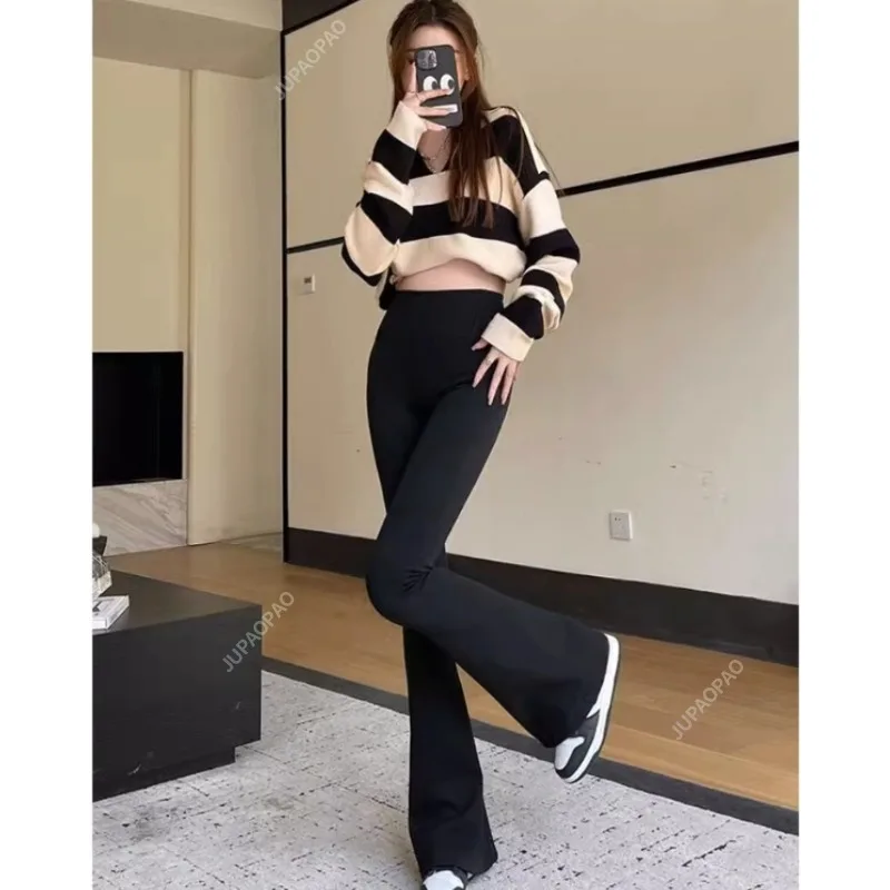 Women\'s Spring and Autumn Fashion High-waisted Solid Color Elasticized Slim-fitting Straight Bootcut Casual Sporty Flare Pants