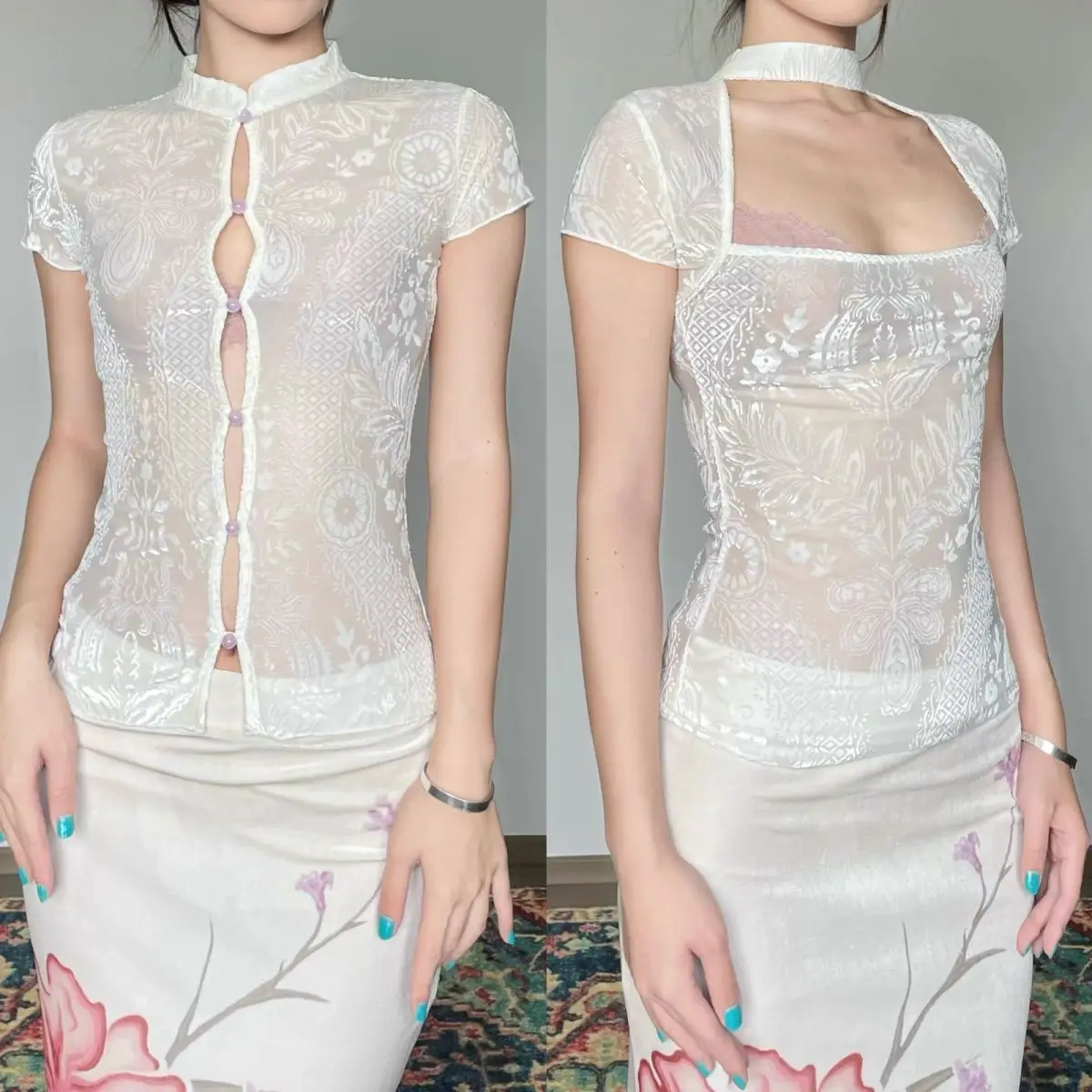 Vintage Y2K Elegant Embroidery Top Women Casual Reversible Clothes Two Ways Short Sleeve Slim Fit Sweet Girl Women Aesthetic Top