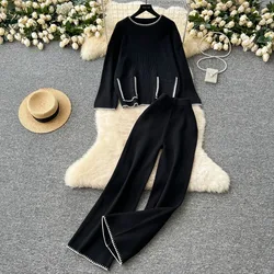 Lazy Pants Suit Women Autumn Winter Loose Contrast Color Pocket Knit Sweater High Waist Casual Wide Leg Pants Women 2-piece sets