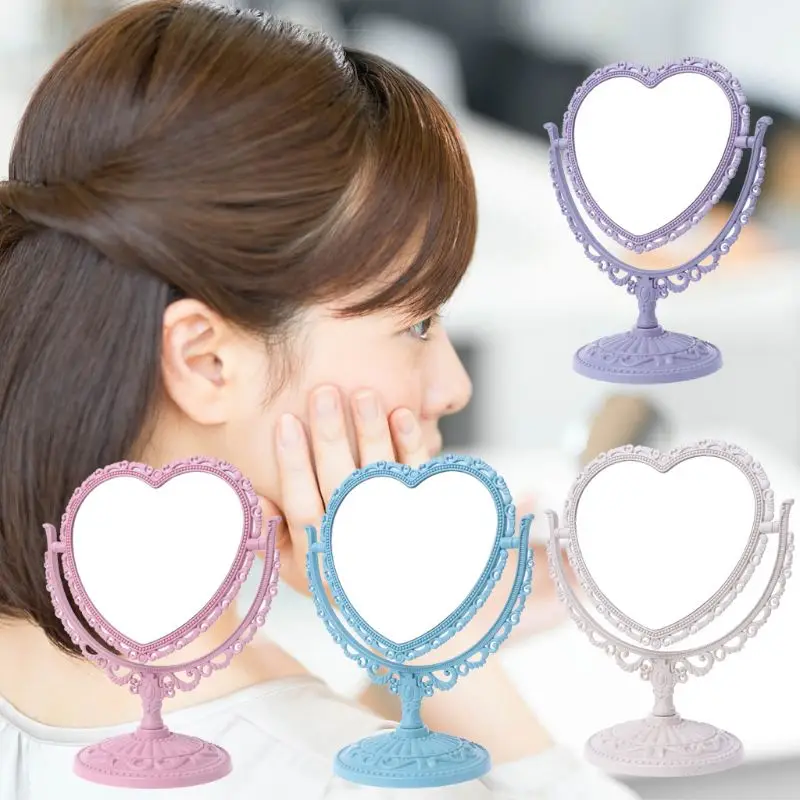 2Sides Heart-shaped Makeup Mirror Rotatable Stand Table Compact Mirror Dresser
