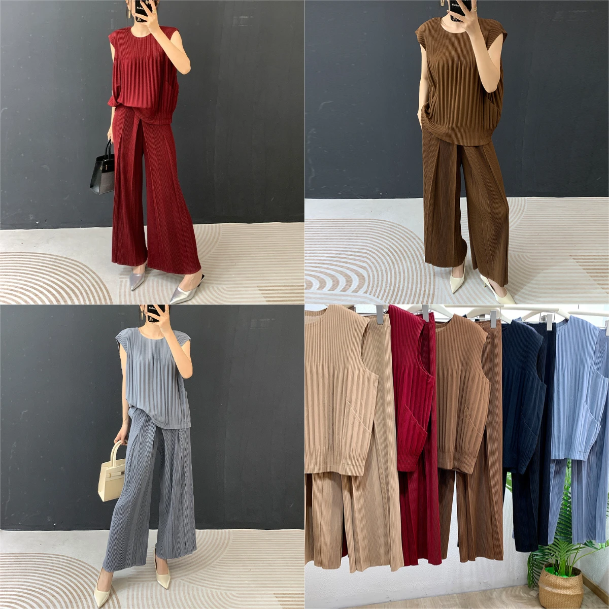 Miyake Folds 2026 Traje de moda de primavera y verano Camiseta sin mangas holgada con parte inferior + Pantalones rectos informales de pierna ancha Dos piezas